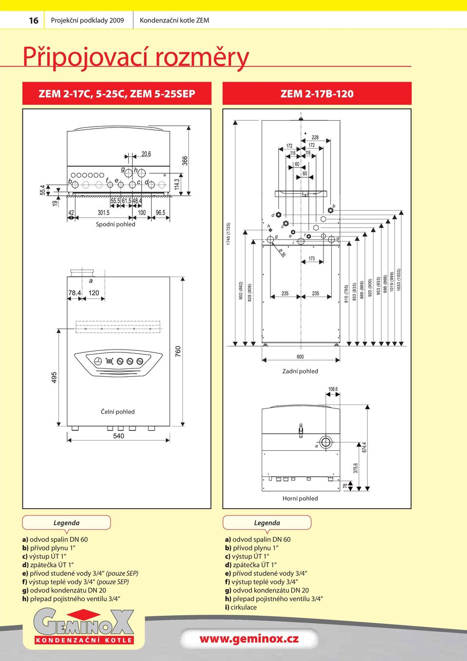1 d) zpátečka ÚT 1 e) přívod studené vody 3/4 (pouze SEP) f) výstup teplé vody 3/4 (pouze SEP) g) odvod kondenzátu DN 20 h) přepad pojistného ventilu 3/4 Legenda a) odvod spalin DN 60