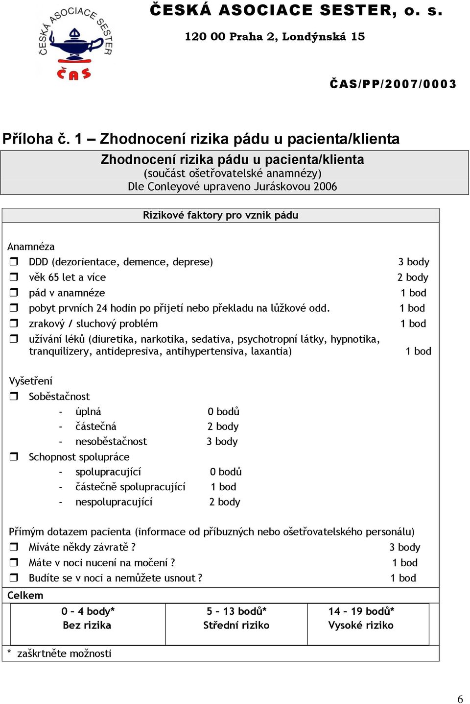 DDD (dezorientace, demence, deprese) věk 6 let a více pád v anamnéze pobyt prvních 24 hodin po přijetí nebo překladu na lůžkové odd.