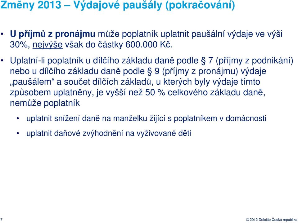 Uplatní-li poplatník u dílčího základu daně podle 7 (příjmy z podnikání) nebo u dílčího základu daně podle 9 (příjmy z pronájmu) výdaje