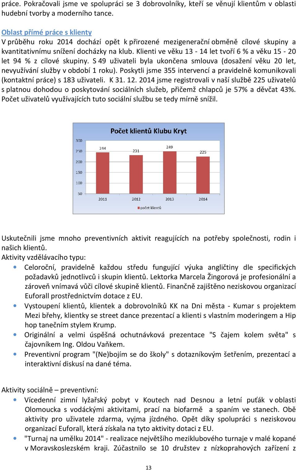 Klienti ve věku 13-14 let tvoří 6 % a věku 15-20 let 94 % z cílové skupiny. S 49 uživateli byla ukončena smlouva (dosažení věku 20 let, nevyužívání služby v období 1 roku).