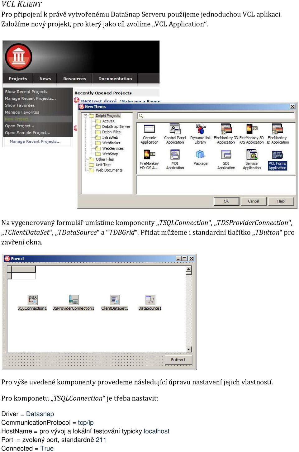 Na vygenerovaný formulář umístíme komponenty TSQLConnection, TDSProviderConnection, TClientDataSet, TDataSource a TDBGrid.