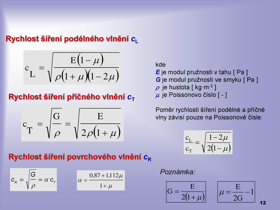 smyku [ Pa ] je hustota [ kg m -3 ] m je Poissonovo číslo [ - ] Poměr rychlosti šíření podélné a příčné