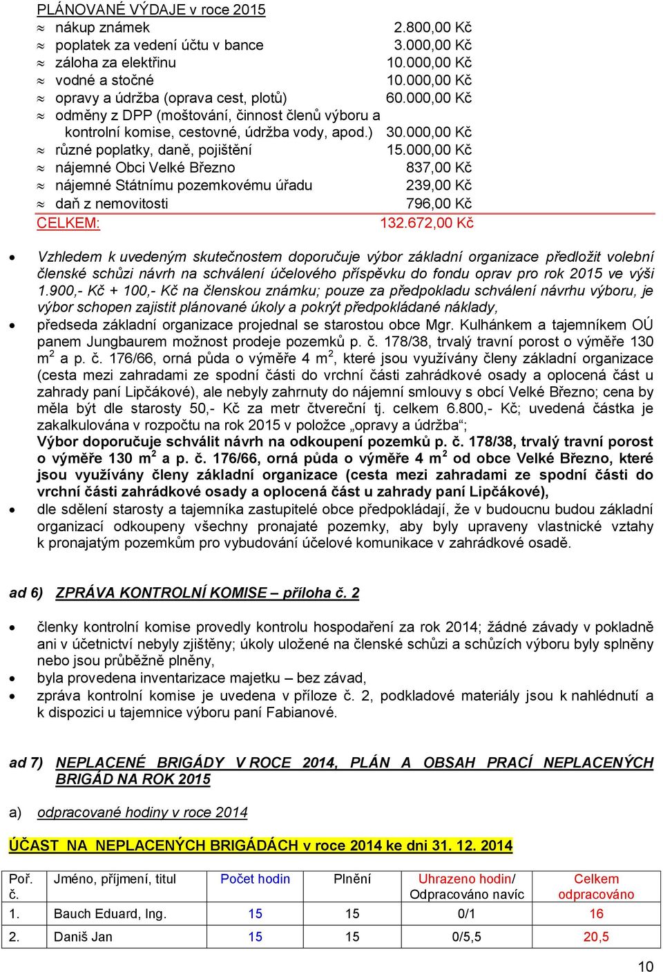 000,00 Kč nájemné Obci Velké Březno 837,00 Kč nájemné Státnímu pozemkovému úřadu 239,00 Kč daň z nemovitosti 796,00 Kč CELKEM: 132.