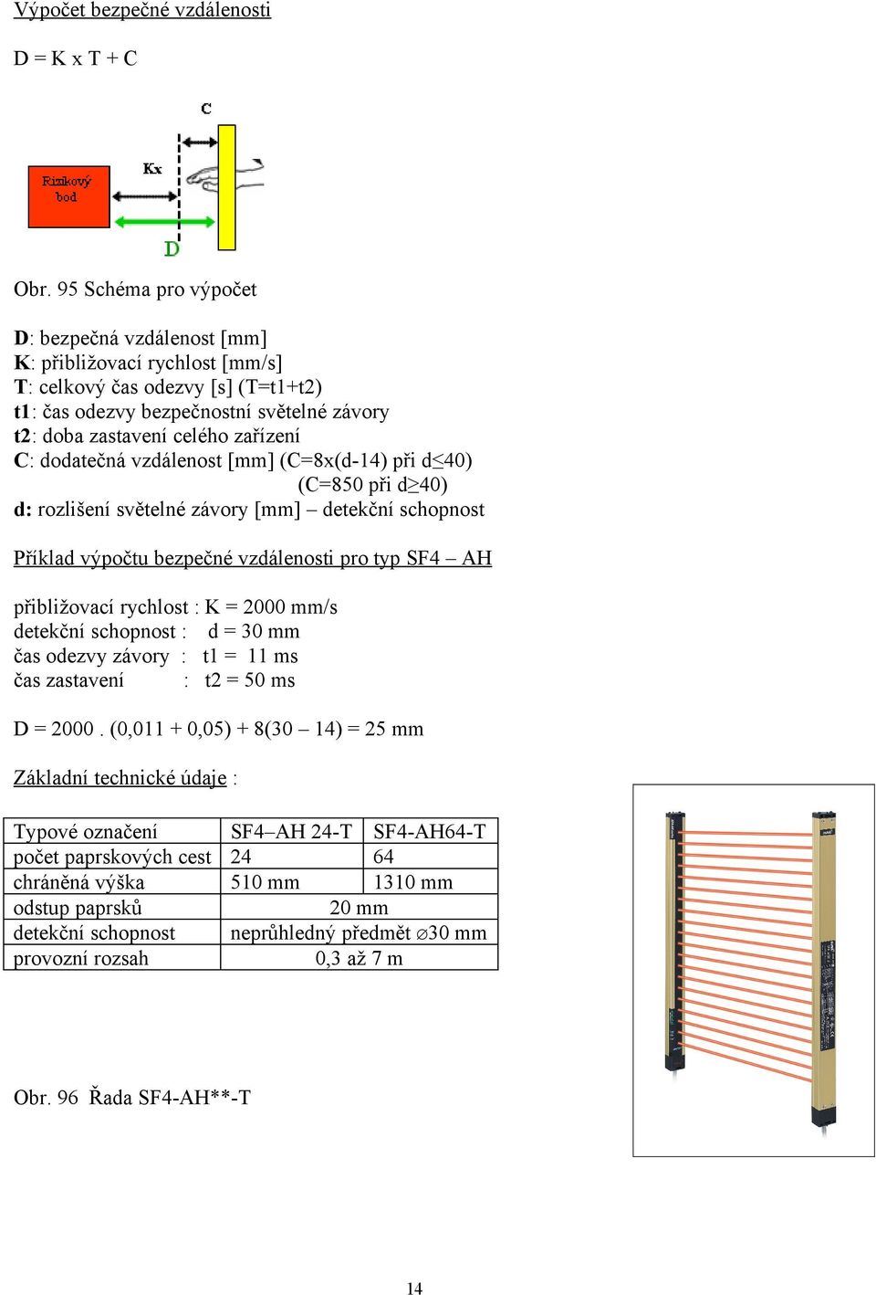 dodatečná vzdálenost [mm] (C=8x(d-14) při d 40) (C=850 při d 40) d: rozlišení světelné závory [mm] detekční schopnost Příklad výpočtu bezpečné vzdálenosti pro typ SF4 AH přibližovací rychlost : K =