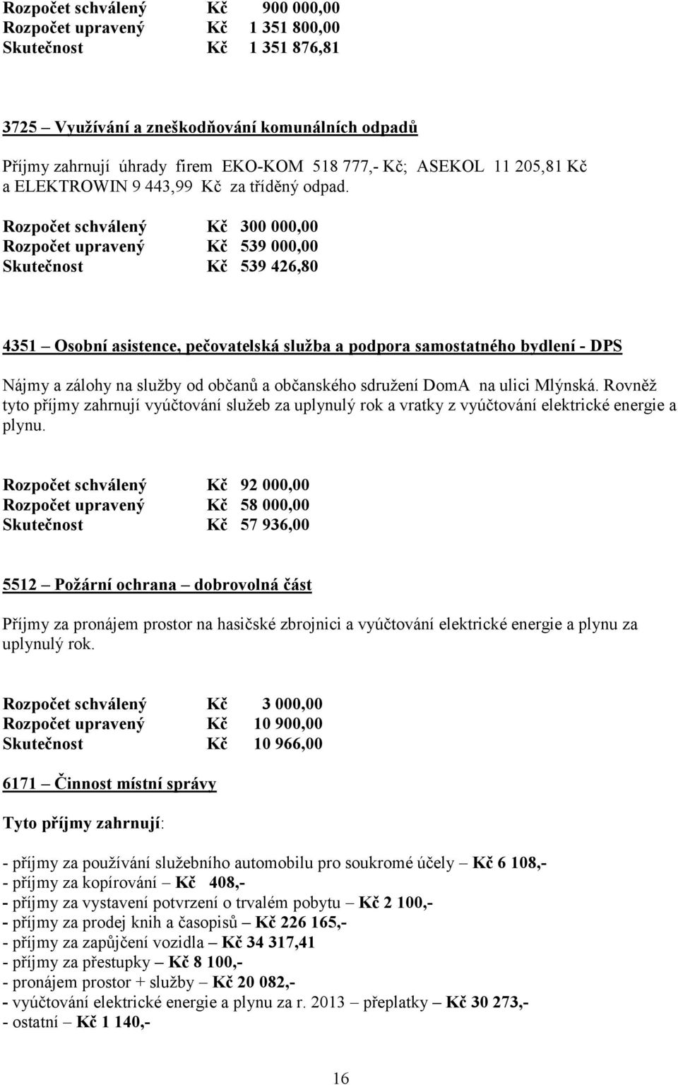 Rozpočet schválený Kč 300 000,00 Rozpočet upravený Kč 539 000,00 Skutečnost Kč 539 426,80 4351 Osobní asistence, pečovatelská služba a podpora samostatného bydlení - DPS Nájmy a zálohy na služby od