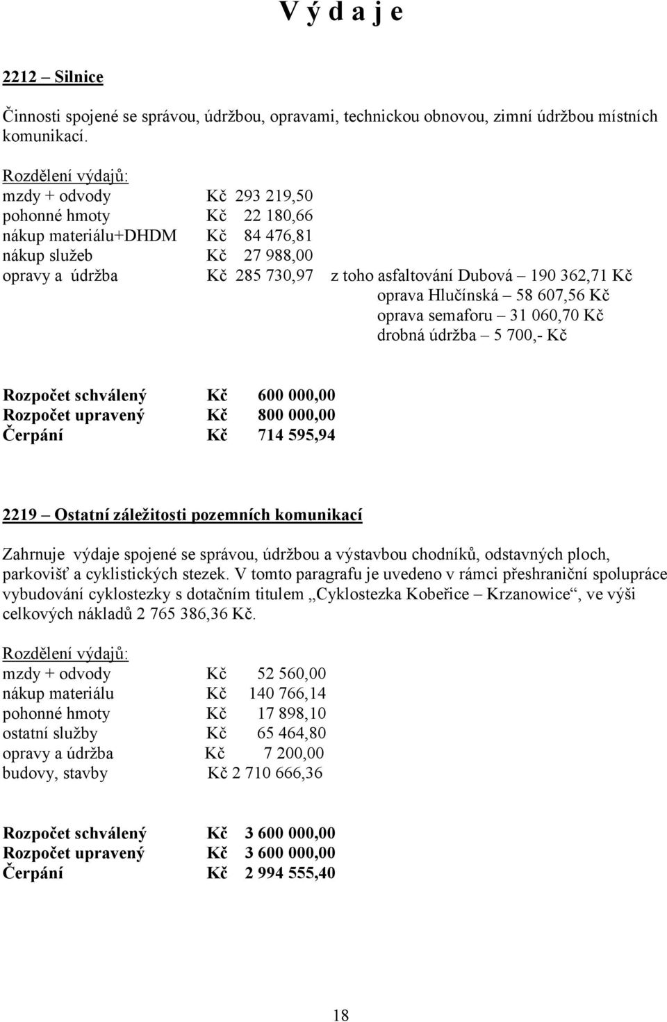 Kč oprava Hlučínská 58 607,56 Kč oprava semaforu 31 060,70 Kč drobná údržba 5 700,- Kč Rozpočet schválený Kč 600 000,00 Rozpočet upravený Kč 800 000,00 Čerpání Kč 714 595,94 2219 Ostatní záležitosti