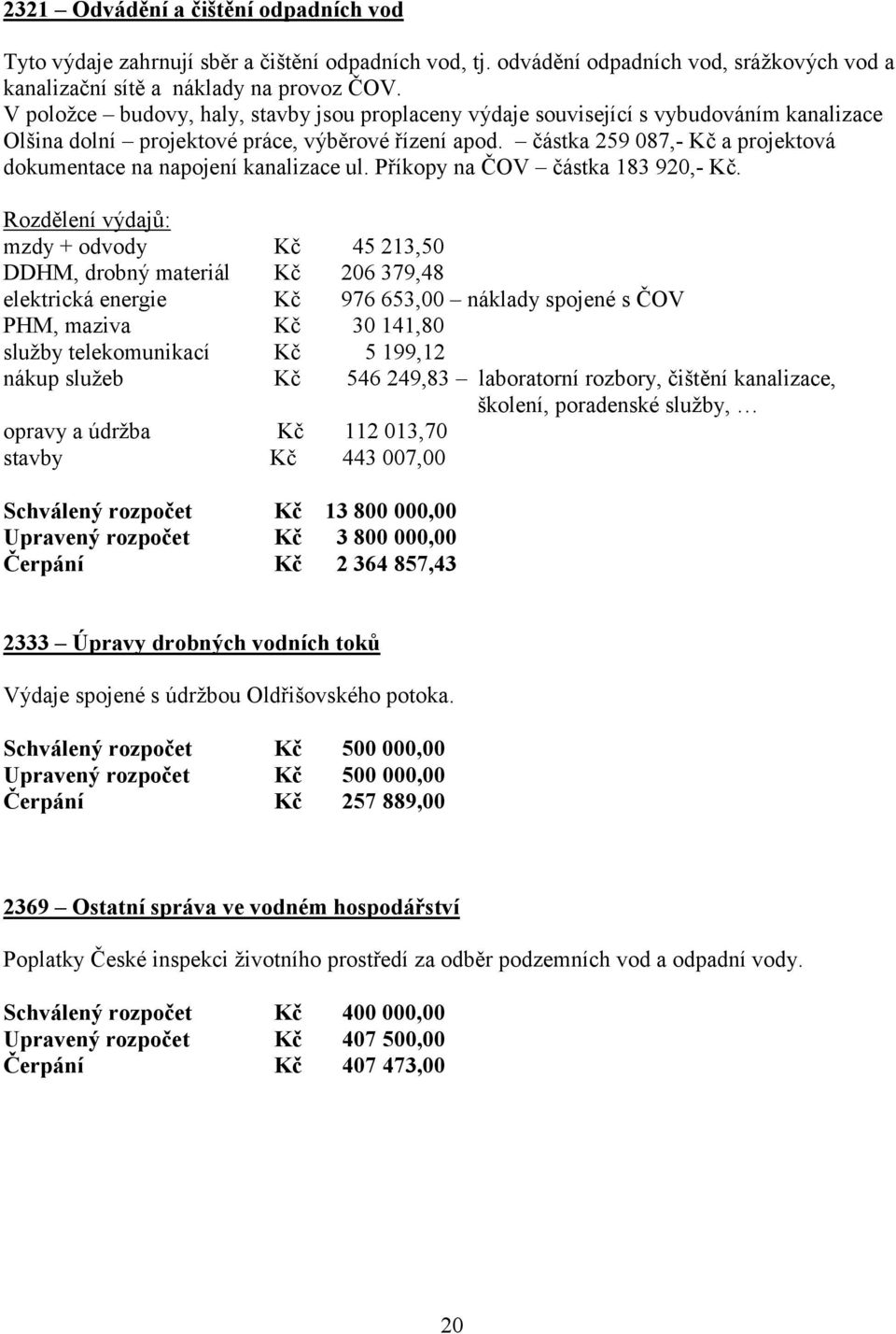 částka 259 087,- Kč a projektová dokumentace na napojení kanalizace ul. Příkopy na ČOV částka 183 920,- Kč.