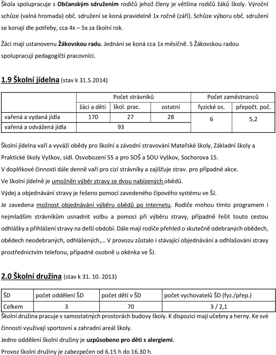 5.2014) Počet strávníků Počet zaměstnanců žáci a děti škol. prac. ostatní fyzické os. přepočt. poč. vařená a vydaná jídla 170 prac.