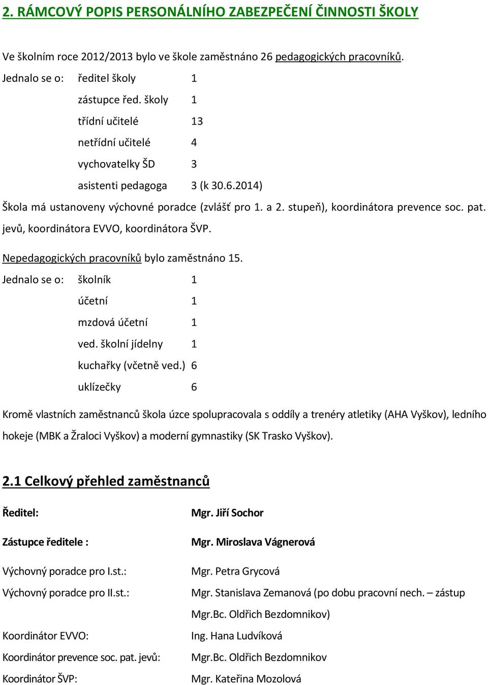 jevů, koordinátora EVVO, koordinátora ŠVP. Nepedagogických pracovníků bylo zaměstnáno 15. Jednalo se o: školník 1 účetní 1 mzdová účetní 1 ved. školní jídelny 1 kuchařky (včetně ved.