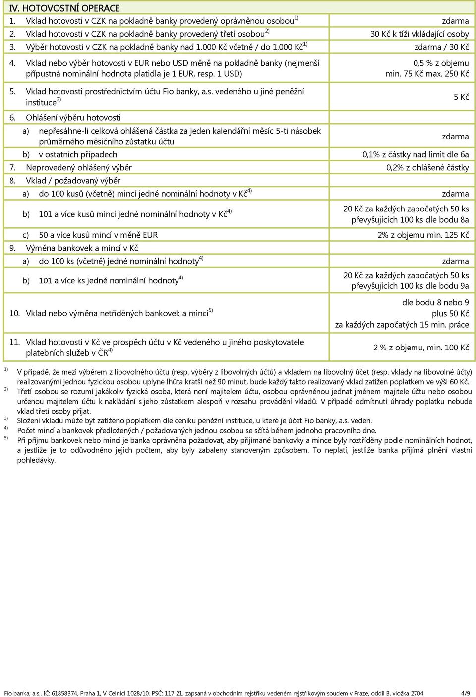 Vklad nebo výběr hotovosti v EUR nebo USD měně na pokladně banky (nejmenší přípustná nominální hodnota platidla je 1 EUR, resp. 1 USD) 5. Vklad hotovosti prostřednictvím účtu Fio banky, a.s. vedeného u jiné peněžní instituce 3) 6.