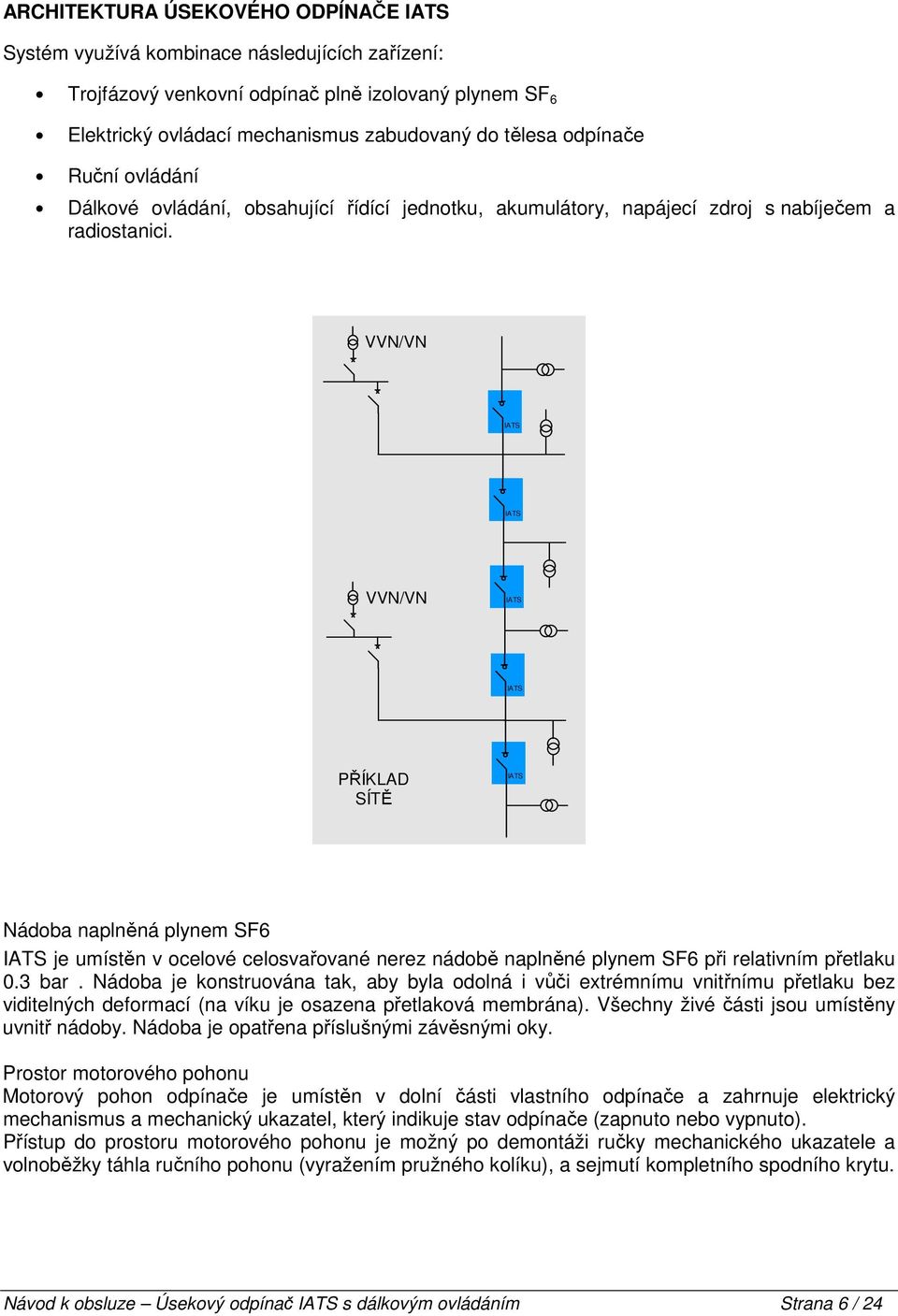 VVN/VN IATS IATS VVN/VN IATS IATS PŘÍKLAD SÍTĚ IATS Nádoba naplněná plynem SF6 IATS je umístěn v ocelové celosvařované nerez nádobě naplněné plynem SF6 při relativním přetlaku 0.3 bar.