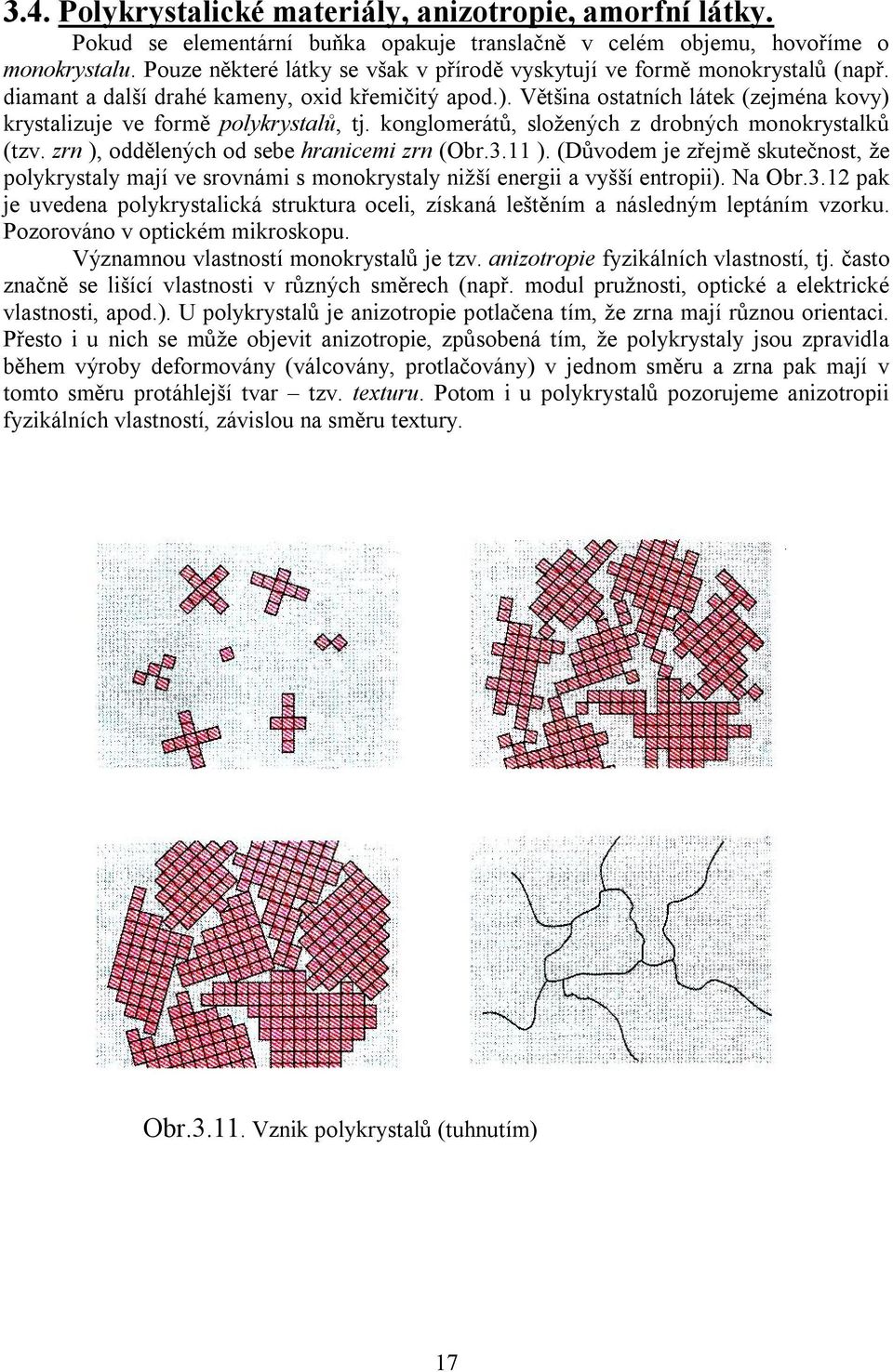 Většina ostatních látek (zejména kovy) krystalizuje ve formě polykrystalů, tj. konglomerátů, složených z drobných monokrystalků (tzv. zrn ), oddělených od sebe hranicemi zrn (Obr.3.11 ).