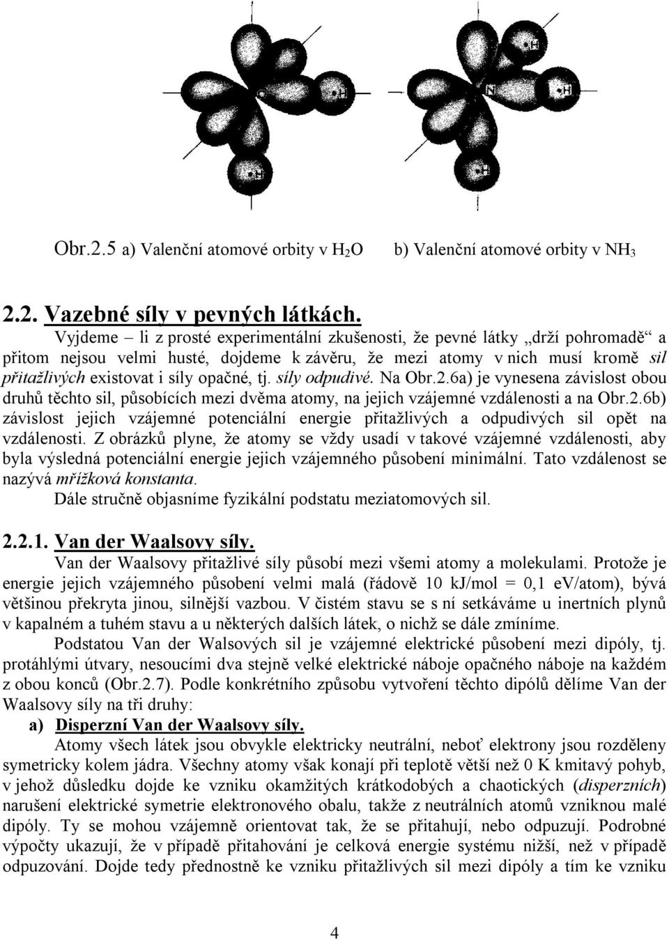 tj. síly odpudivé. Na Obr.2.6a) je vynesena závislost obou druhů těchto sil, působících mezi dvěma atomy, na jejich vzájemné vzdálenosti a na Obr.2.6b) závislost jejich vzájemné potenciální energie přitažlivých a odpudivých sil opět na vzdálenosti.