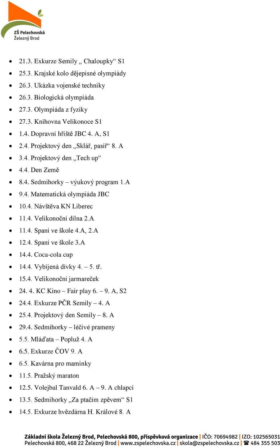 4. Velikonoční dílna 2.A 11.4. Spaní ve škole 4.A, 2.A 12.4. Spaní ve škole 3.A 14.4. Coca-cola cup 14.4. Vybíjená dívky 4. 5. tř. 15.4. Velikonoční jarmareček 24. 4. KC Kino Fair play 6. 9. A, S2 24.