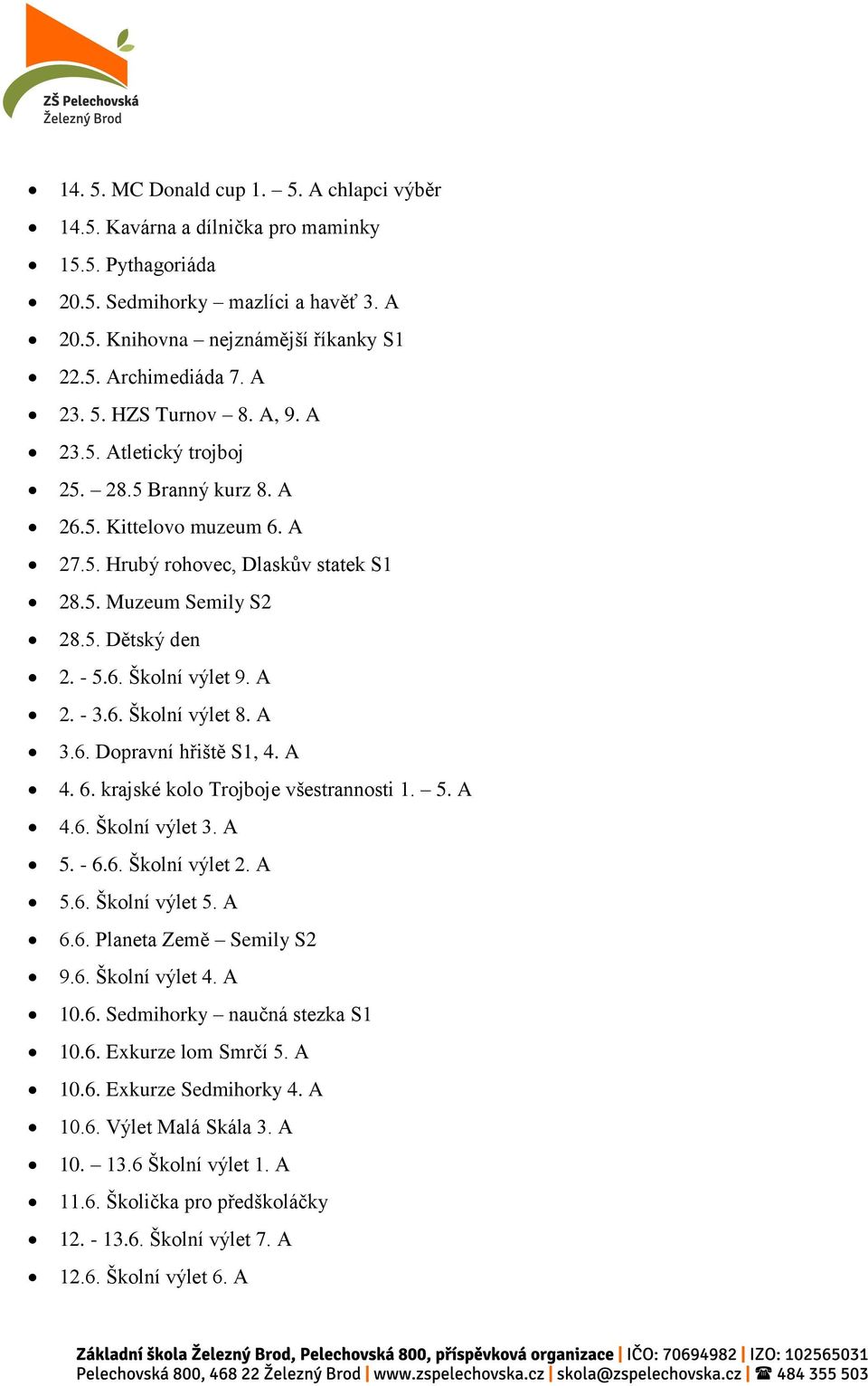 A 2. - 3.6. Školní výlet 8. A 3.6. Dopravní hřiště S1, 4. A 4. 6. krajské kolo Trojboje všestrannosti 1. 5. A 4.6. Školní výlet 3. A 5. - 6.6. Školní výlet 2. A 5.6. Školní výlet 5. A 6.6. Planeta Země Semily S2 9.