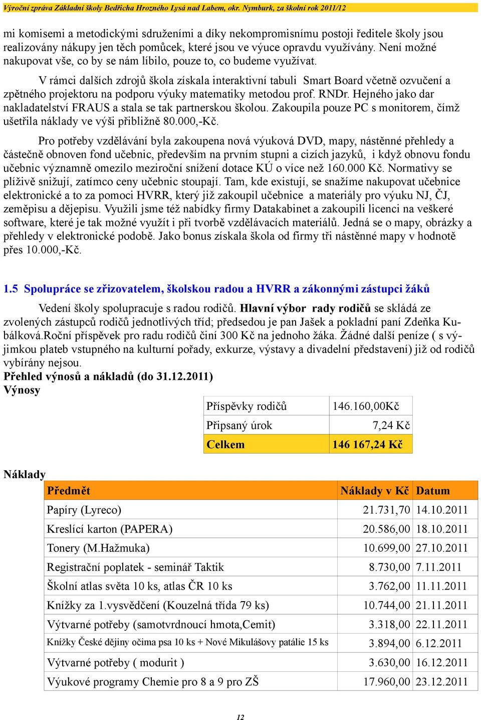 V rámci dalších zdrojů škola získala interaktivní tabuli Smart Board včetně ozvučení a zpětného projektoru na podporu výuky matematiky metodou prof. RNDr.