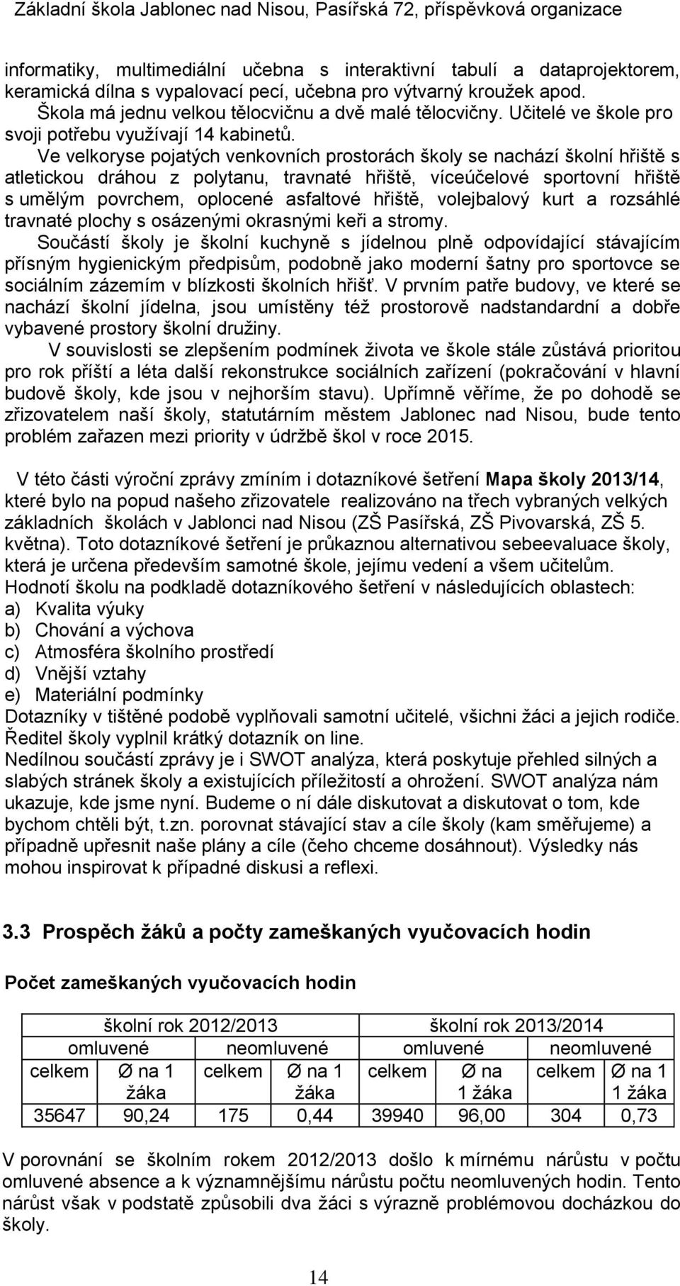 Ve velkoryse pojatých venkovních prostorách školy se nachází školní hřiště s atletickou dráhou z polytanu, travnaté hřiště, víceúčelové sportovní hřiště s umělým povrchem, oplocené asfaltové hřiště,