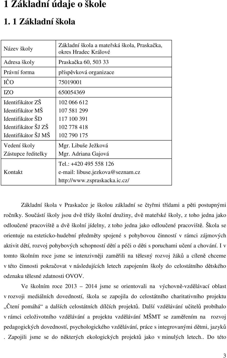 Vedení školy Zástupce ředitelky Kontakt Základní škola a mateřská škola, Praskačka, okres Hradec Králové příspěvková organizace 102 066 612 107 581 299 117 100 391 102 778 418 102 790 175 Mgr.