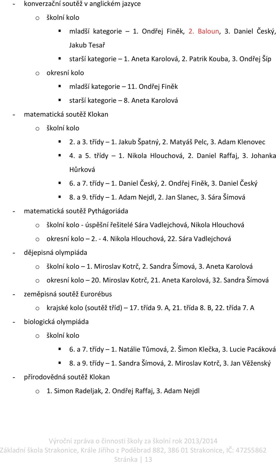 Adam Klenovec 4. a 5. třídy 1. Nikola Hlouchová, 2. Daniel Raffaj, 3. Johanka Hůrková 6. a 7. třídy 1. Daniel Český, 2. Ondřej Finěk, 3. Daniel Český 8. a 9. třídy 1. Adam Nejdl, 2. Jan Slanec, 3.