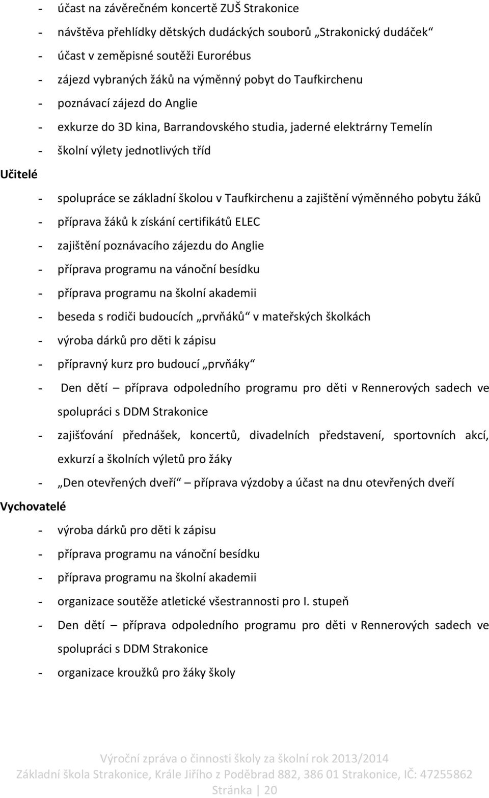 Taufkirchenu a zajištění výměnného pobytu žáků - příprava žáků k získání certifikátů ELEC - zajištění poznávacího zájezdu do Anglie - příprava programu na vánoční besídku - příprava programu na