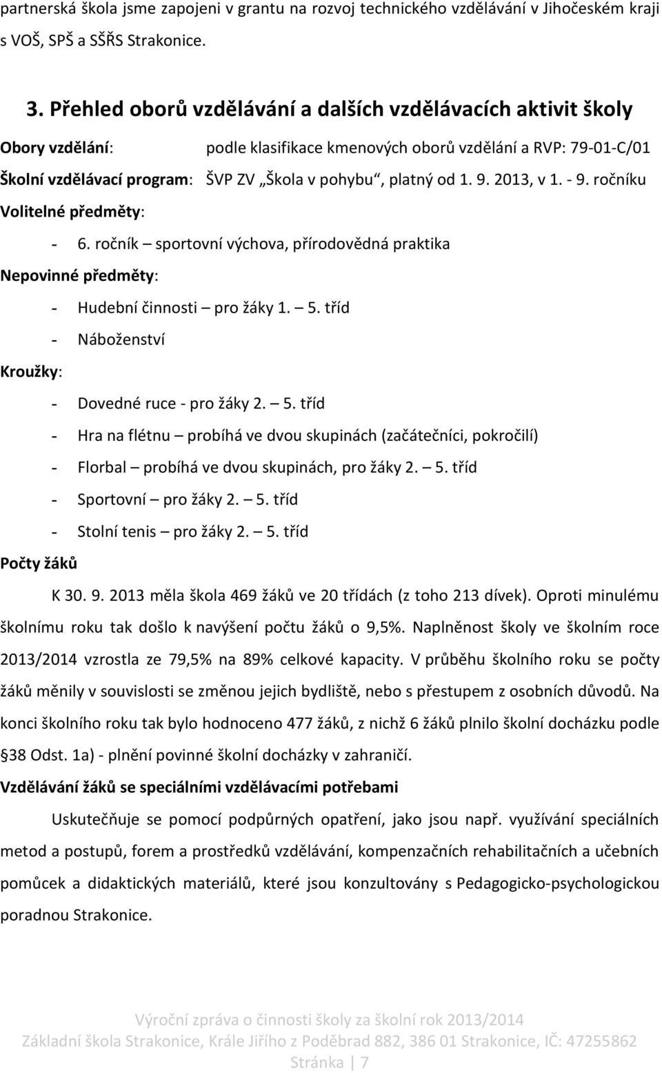 1. 9. 2013, v 1. - 9. ročníku Volitelné předměty: - 6. ročník sportovní výchova, přírodovědná praktika Nepovinné předměty: - Hudební činnosti pro žáky 1. 5.