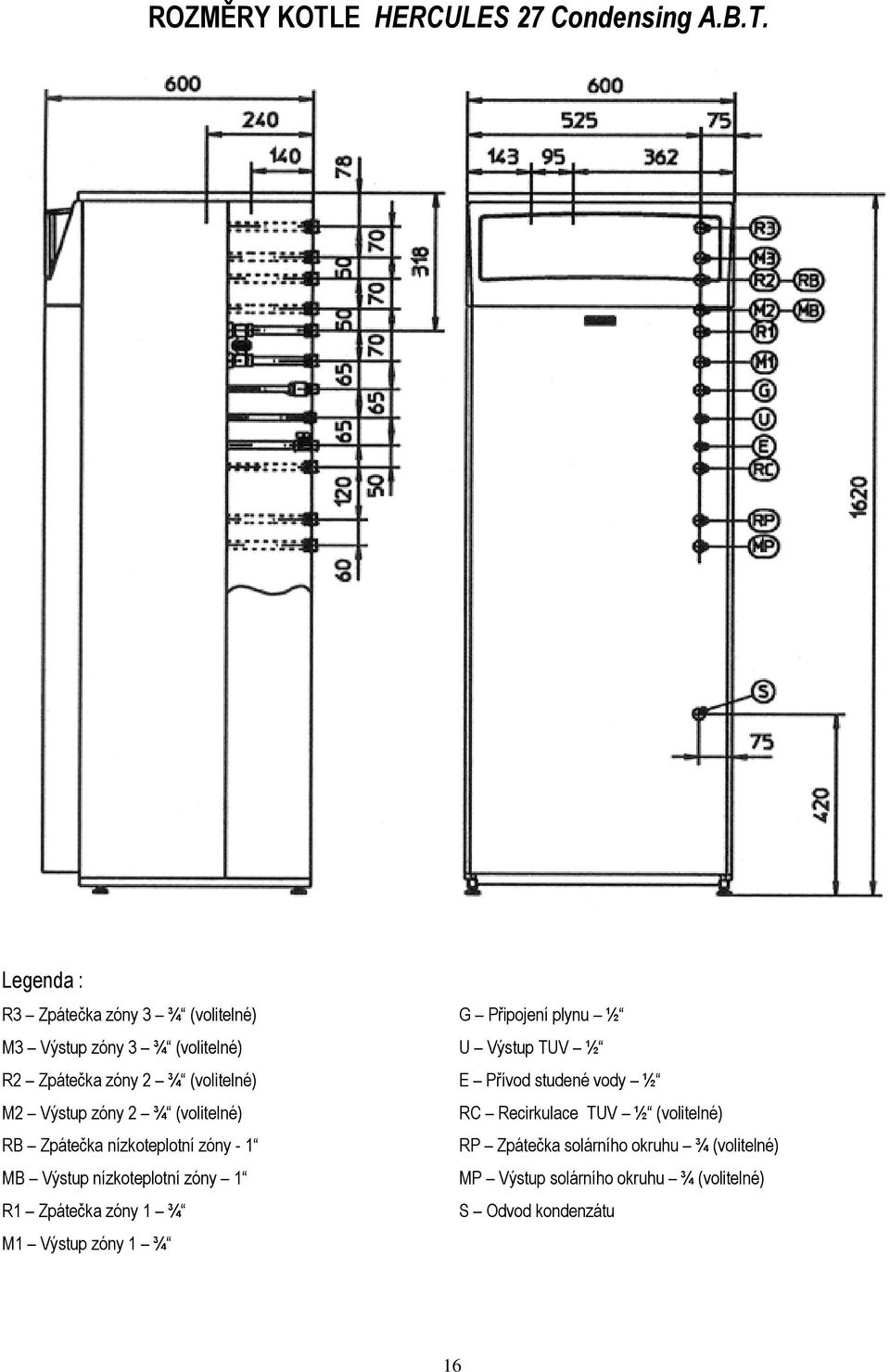 Legenda : R3 Zpátečka zóny 3 ¾ (volitelné) G Připojení plynu ½ M3 Výstup zóny 3 ¾ (volitelné) U Výstup TUV ½ R2 Zpátečka