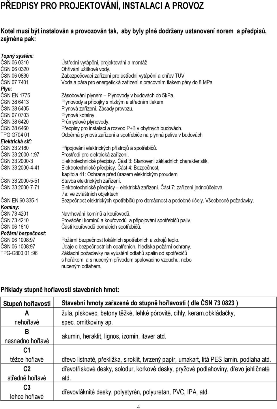 ČSN 33 2000-7-71 ČSN EN 60 335-1 Komíny: ČSN 73 4201 ČSN 73 4210 ČSN 06 1610 Požární bezpečnost: ČSN 06 1008:97 ČSN 06 1008:97 TPG-G800 01 :96 Ústřední vytápění, projektování a montáž Ohřívání