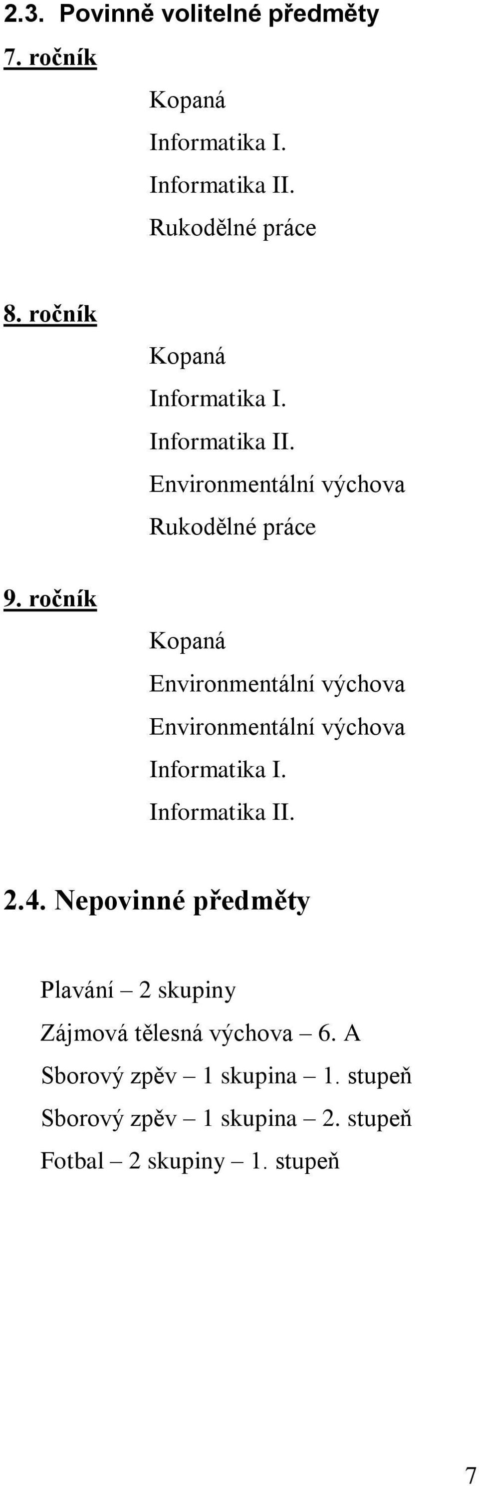 ročník Kopaná Environmentální výchova Environmentální výchova Informatika I. Informatika II. 2.4.
