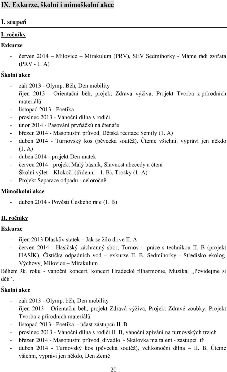 prvňáčků na čtenáře - březen 2014 - Masopustní průvod, Dětská recitace Semily (1. A) - duben 2014 - Turnovský kos (pěvecká soutěž), Čteme všichni, vypráví jen někdo (1.