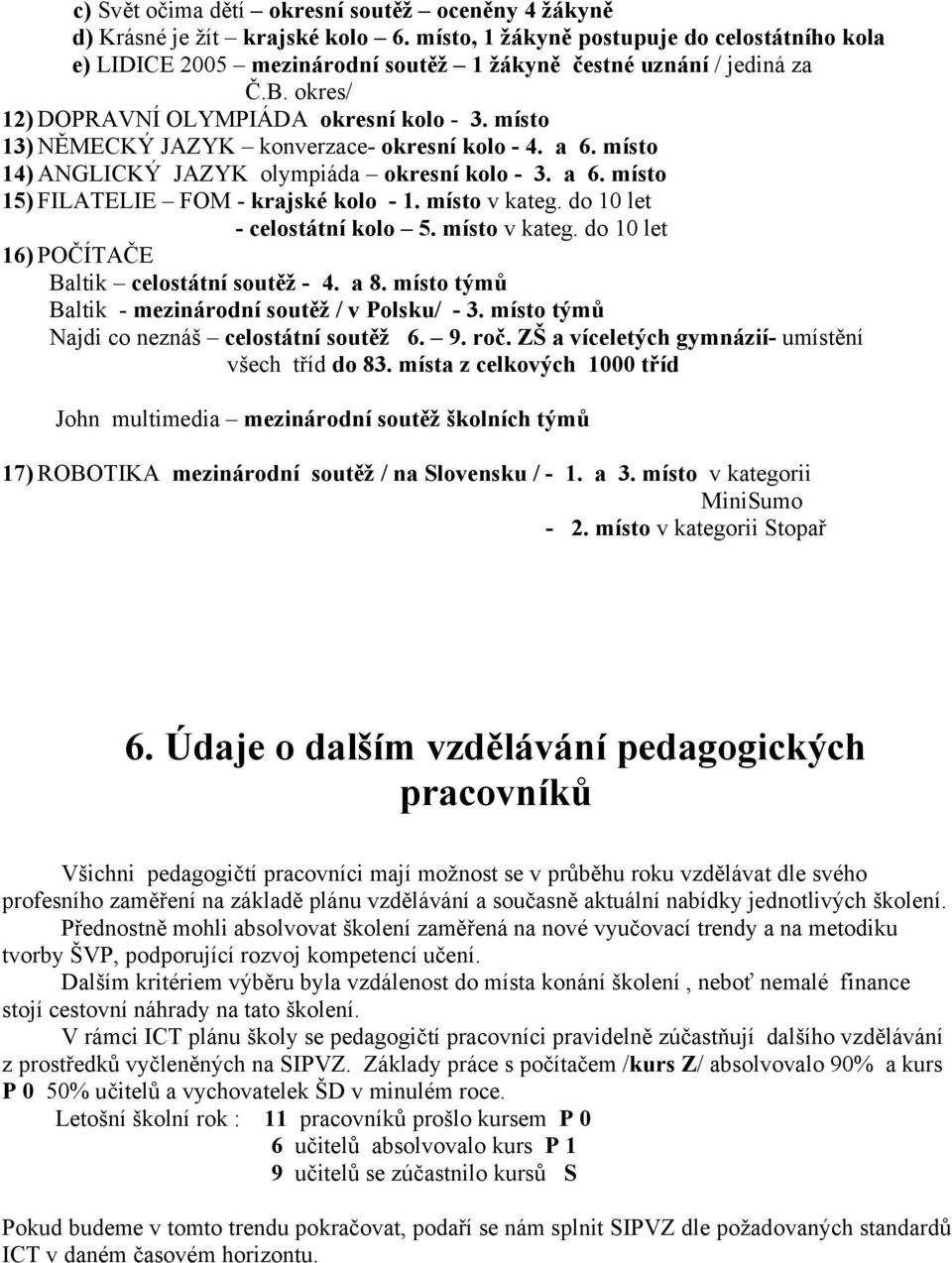 místo 13) NĚMECKÝ JAZYK konverzace- okresní kolo - 4. a 6. místo 14) ANGLICKÝ JAZYK olympiáda okresní kolo - 3. a 6. místo 15) FILATELIE FOM - krajské kolo - 1. místo v kateg.