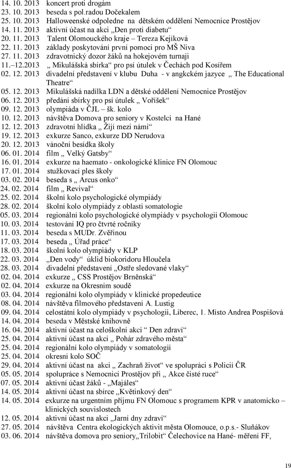 12.2013 Mikulášská sbírka pro psí útulek v Čechách pod Kosířem 02. 12. 2013 divadelní představení v klubu Duha - v angkckém jazyce The Educational Theatre 05. 12. 2013 Mikulášská nadílka LDN a dětské oddělení Nemocnice Prostějov 06.