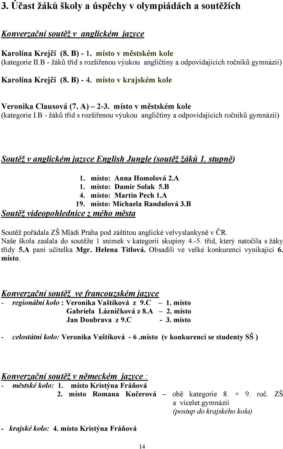 B - žáků tříd s rozšířenou výukou angličtiny a odpovídajících ročníků gymnázií) Soutěž v anglickém jazyce English Jungle (soutěž žáků 1. stupně) 1. místo: Anna Homolová 2.A 1. místo: Damir Solak 5.