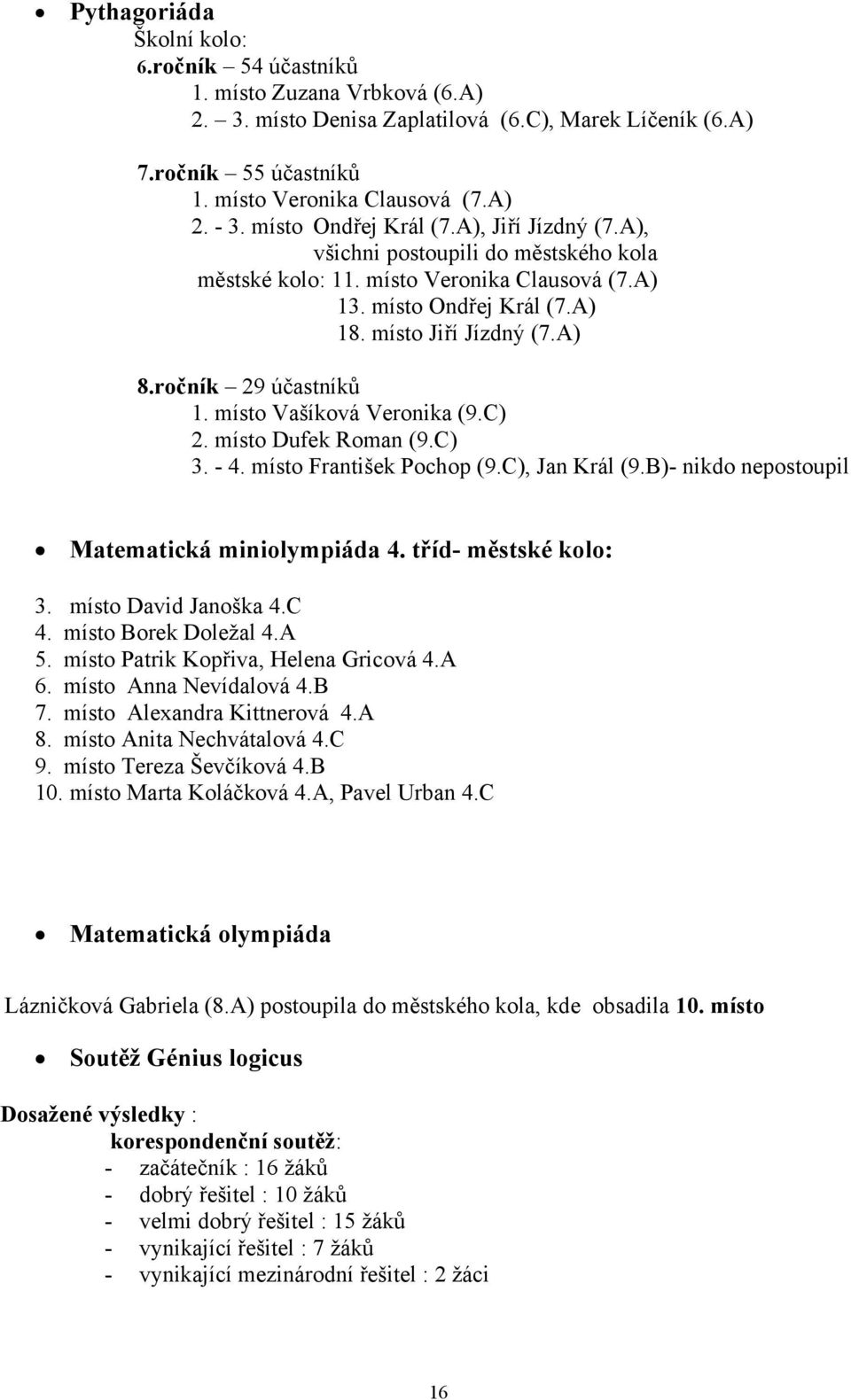 ročník 29 účastníků 1. místo Vašíková Veronika (9.C) 2. místo Dufek Roman (9.C) 3. - 4. místo František Pochop (9.C), Jan Král (9.B)- nikdo nepostoupil Matematická miniolympiáda 4.