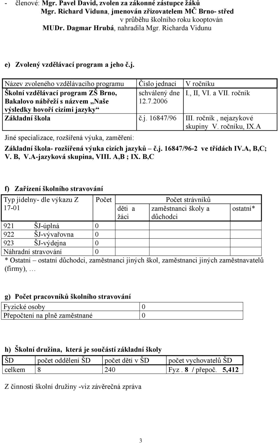 ročník Bakalovo nábřeží s názvem Naše výsledky hovoří cizími jazyky 12.7.2006 Základní škola č.j. 16847/96 III. ročník, nejazykové skupiny V. ročníku, IX.