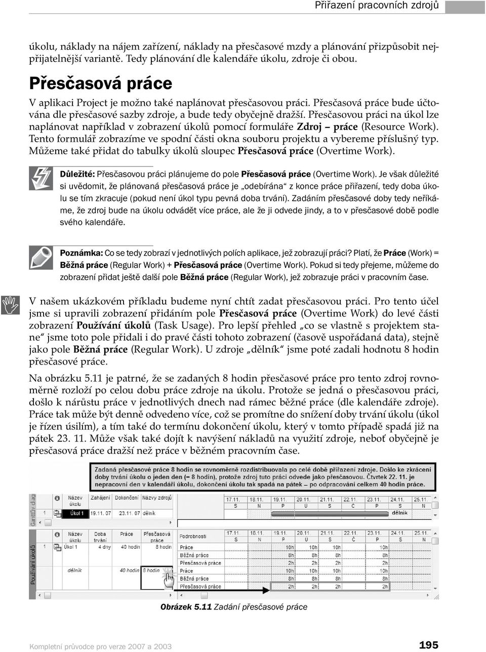 Přesčasovou práci na úkol lze naplánovat například v zobrazení úkolů pomocí formuláře Zdroj práce (Resource Work).