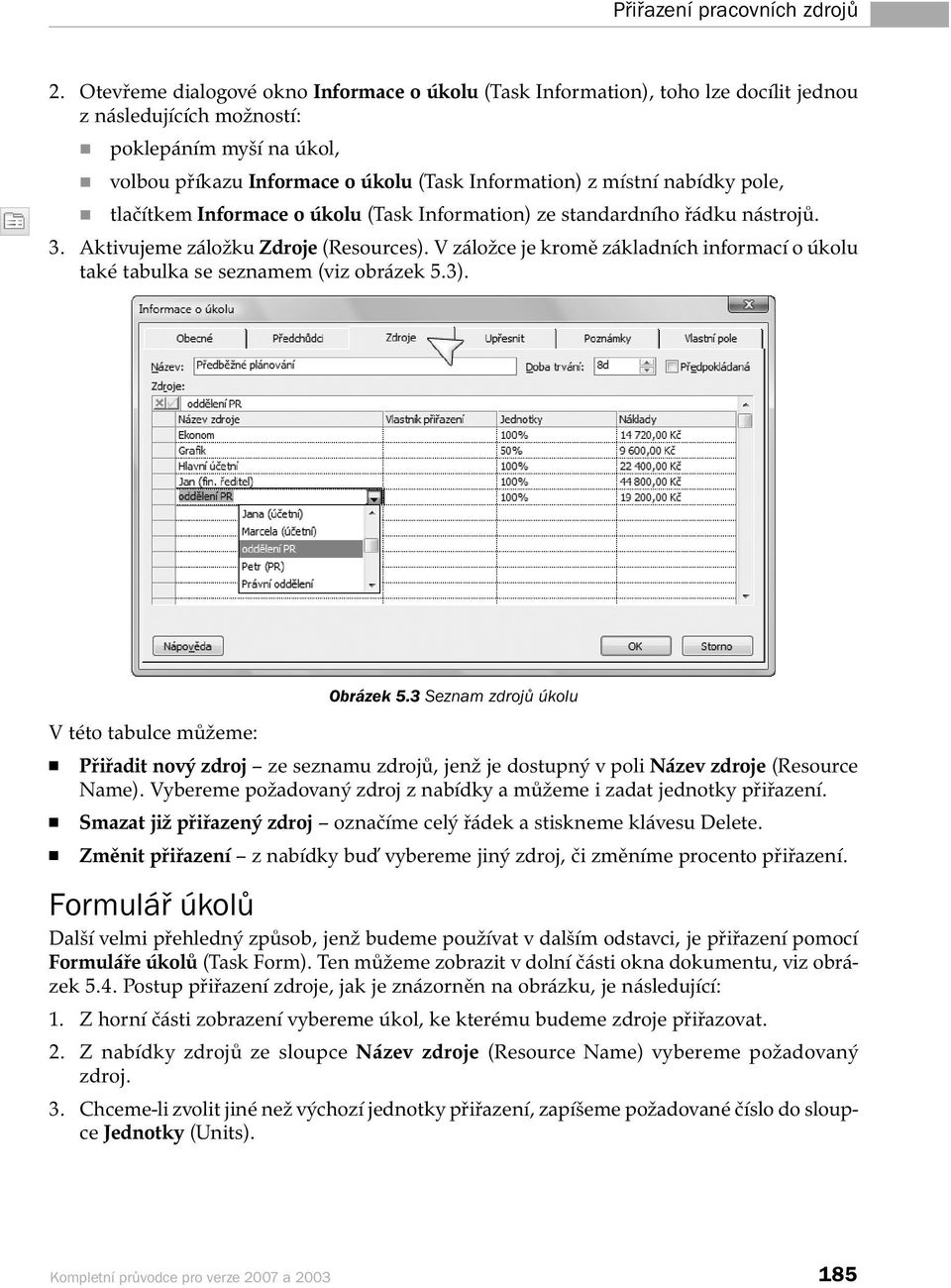 nabídky pole, tlačítkem Informace o úkolu (Task Information) ze standardního řádku nástrojů. 3. Aktivujeme záložku Zdroje (Resources).