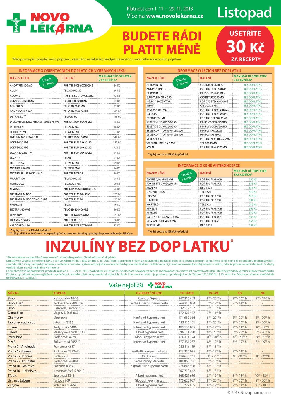 2013 BUDETE RÁDI PLATIT MÉNĚ Listopad UŠETŘÍTE Za recept* Informace o orientačních doplatcích vybraných léků Název léku Ukázka z ceníku balení Maximální doplatek zákazníka ANOPYRIN 100 MG POR TBL NOB