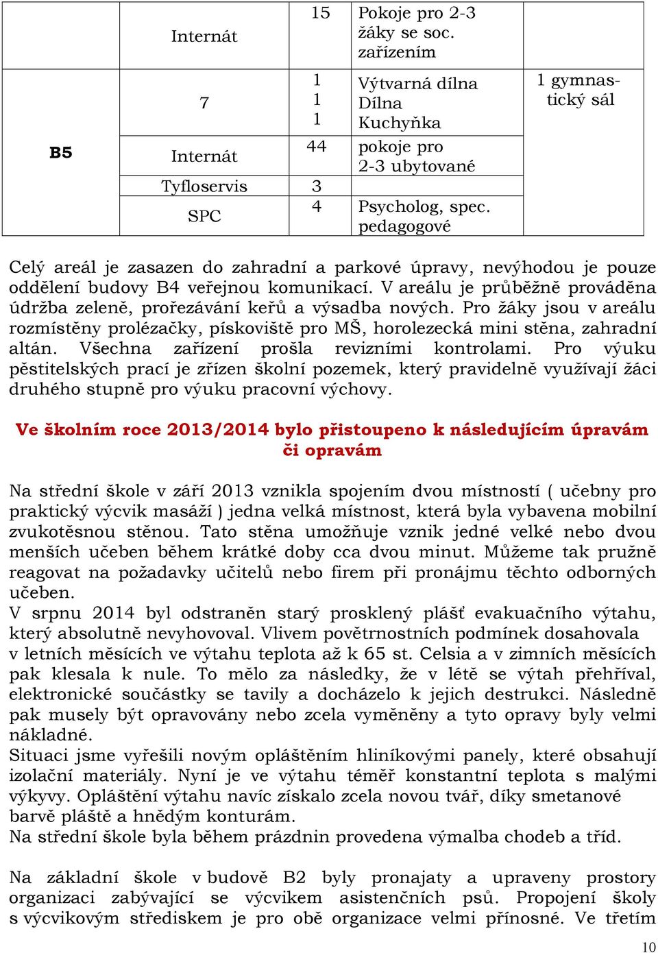 V areálu je průběžně prováděna údržba zeleně, prořezávání keřů a výsadba nových. Pro žáky jsou v areálu rozmístěny prolézačky, pískoviště pro MŠ, horolezecká mini stěna, zahradní altán.