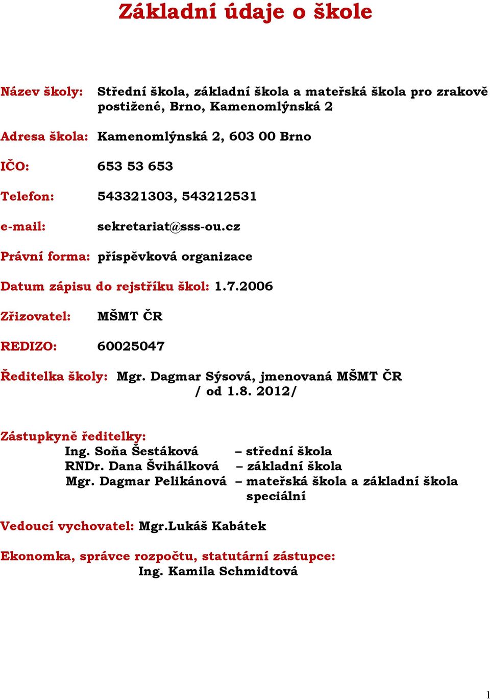 2006 Zřizovatel: MŠMT ČR REDIZO: 60025047 Ředitelka školy: Mgr. Dagmar Sýsová, jmenovaná MŠMT ČR / od 1.8. 2012/ Zástupkyně ředitelky: Ing. Soňa Šestáková střední škola RNDr.