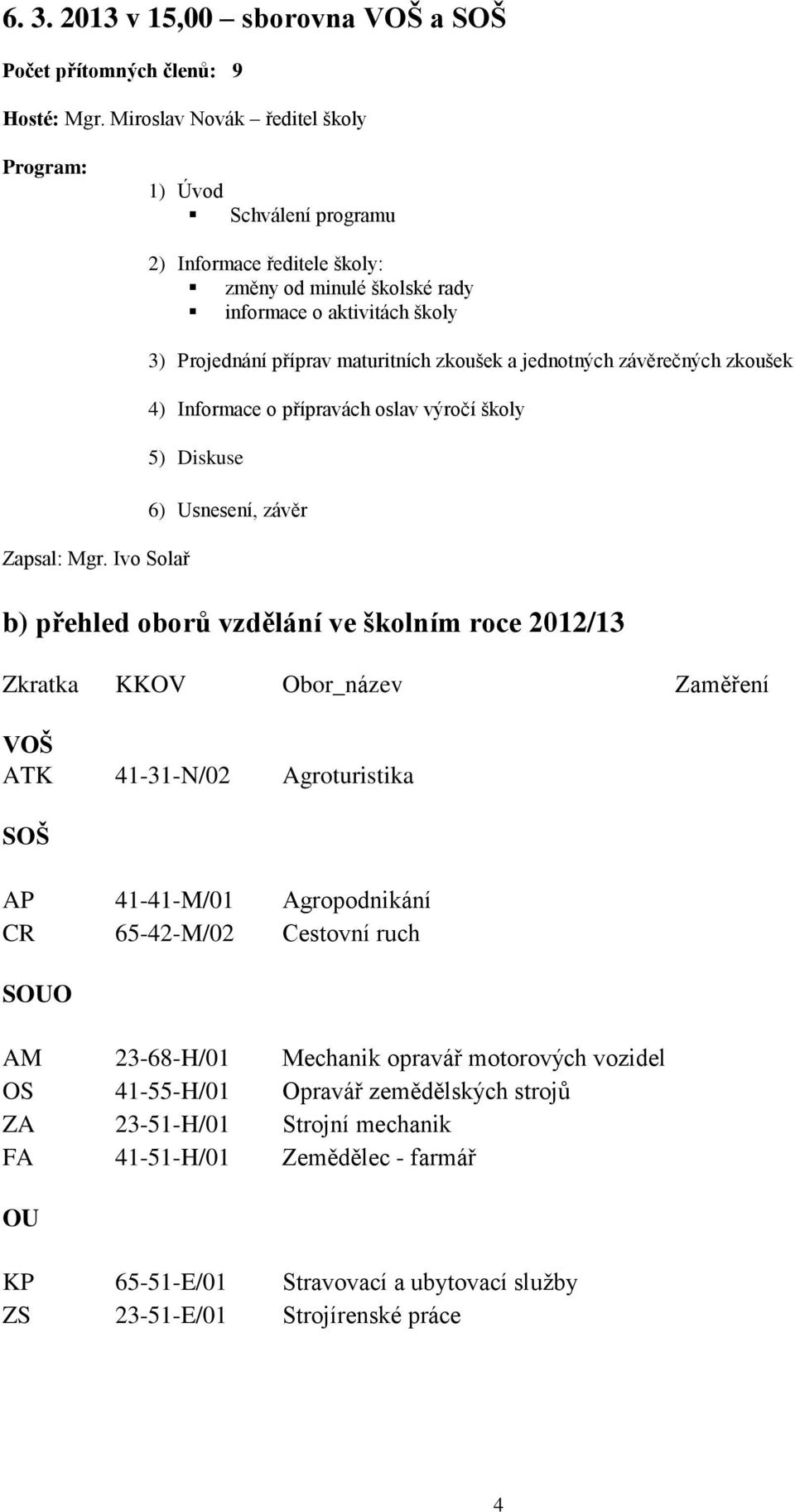 oslav výročí školy 5) Diskuse 6) Usnesení, závěr b) přehled oborů vzdělání ve školním roce 2012/13 Zkratka KKOV Obor_název Zaměření VOŠ ATK 41-31-N/02 Agroturistika SOŠ AP 41-41-M/01 Agropodnikání CR