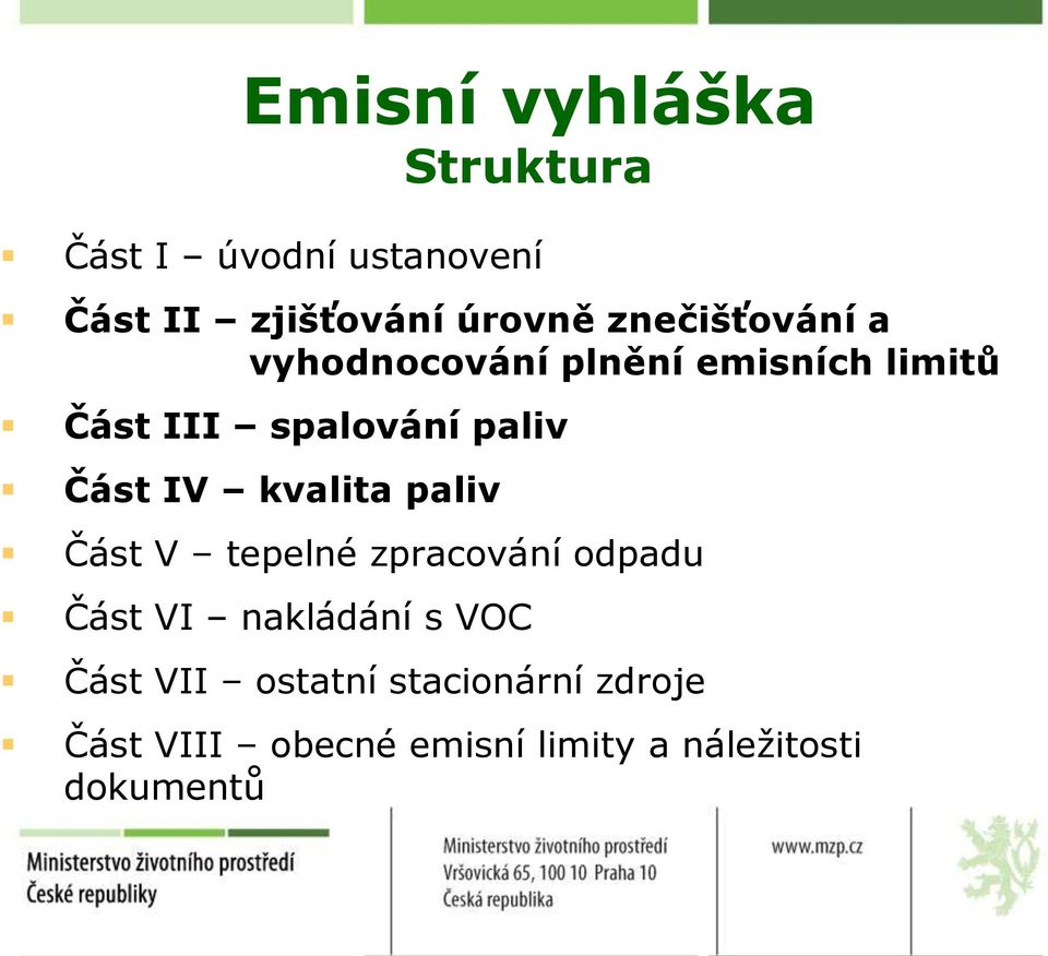 Část IV kvalita paliv Část V tepelné zpracování odpadu Část VI nakládání s VOC