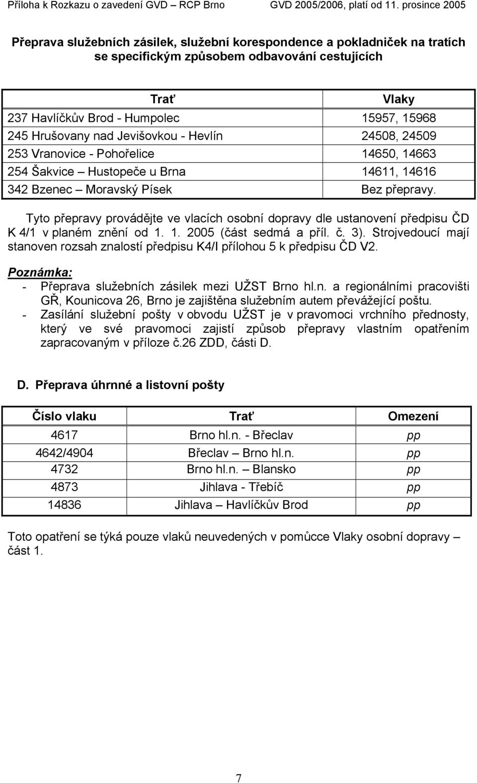 Tyto přepravy provádějte ve vlacích osobní dopravy dle ustanovení předpisu ČD K 4/1 v planém znění od 1. 1. 2005 (část sedmá a příl. č. 3).