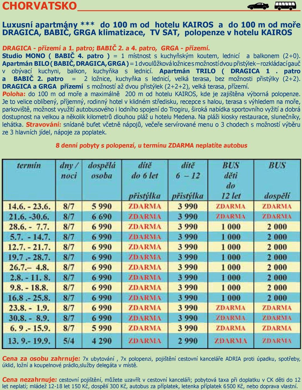 Apartmán BILO ( BABIČ, DRAGICA, GRGA ) = 1 dvoulůžková ložnice s možností dvou přistýlek rozkládací gauč v obývací kuchyni, balkon, kuchyňka s lednicí. Apartmán TRILO ( DRAGICA 1. patro a BABIČ 2.