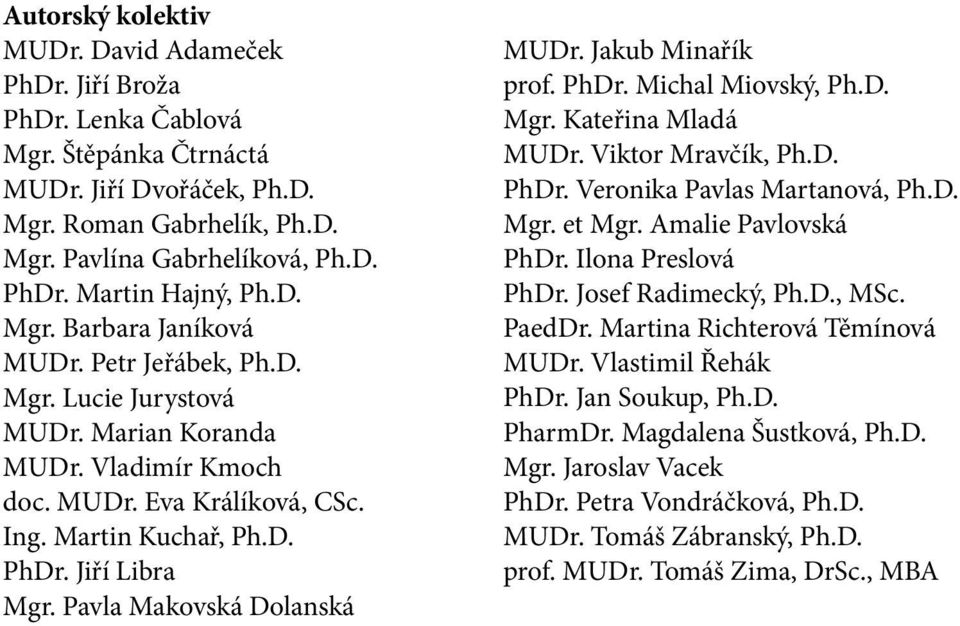 Pavla Makovská Dolanská MUDr. Jakub Minařík prof. PhDr. Michal Miovský, Ph.D. Mgr. Kateřina Mladá MUDr. Viktor Mravčík, Ph.D. PhDr. Veronika Pavlas Martanová, Ph.D. Mgr. et Mgr. Amalie Pavlovská PhDr.