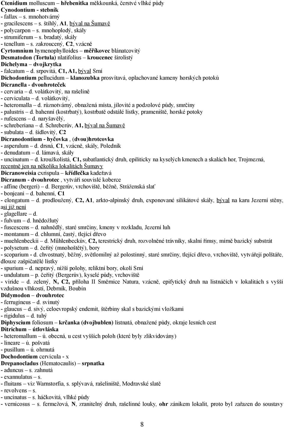 zakroucený, C2, vzácně Cyrtomnium hymenophylloides měříkovec blánatcovitý Desmatodon (Tortula) nlatifolius kroucenec širolistý Dichelyma dvojkrytka - falcatum d.