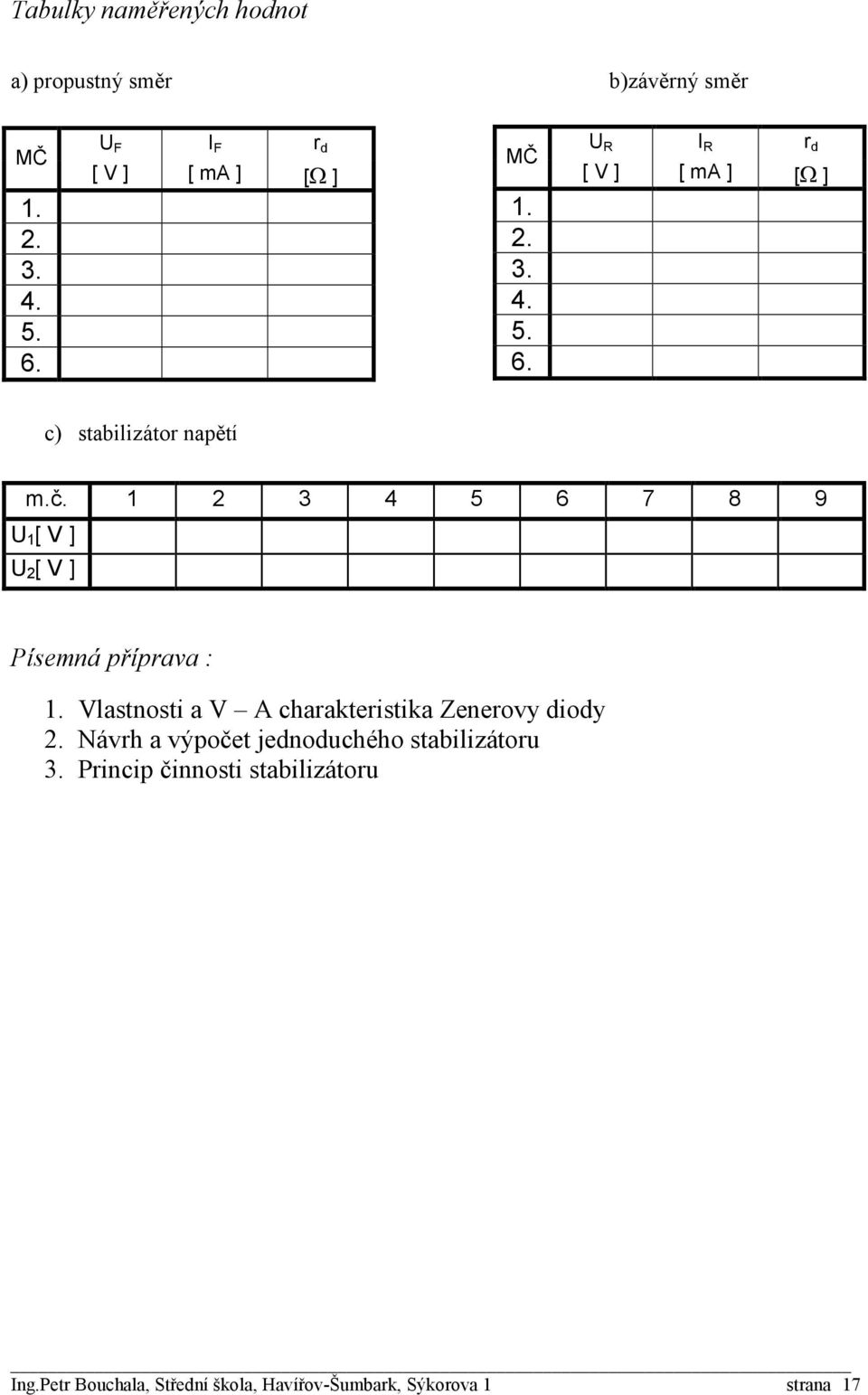 1 2 3 4 5 6 7 8 9 U 1 [ ] U 2 [ ] Písemná příprava : lastnosti a charakteristika Zenerovy diody