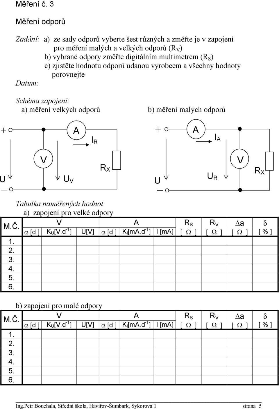 multimetrem (R S ) c) zjistěte hodnotu odporů udanou výrobcem a všechny hodnoty porovnejte a) měření velkých odporů b) měření malých odporů + I R + I U U R X U U