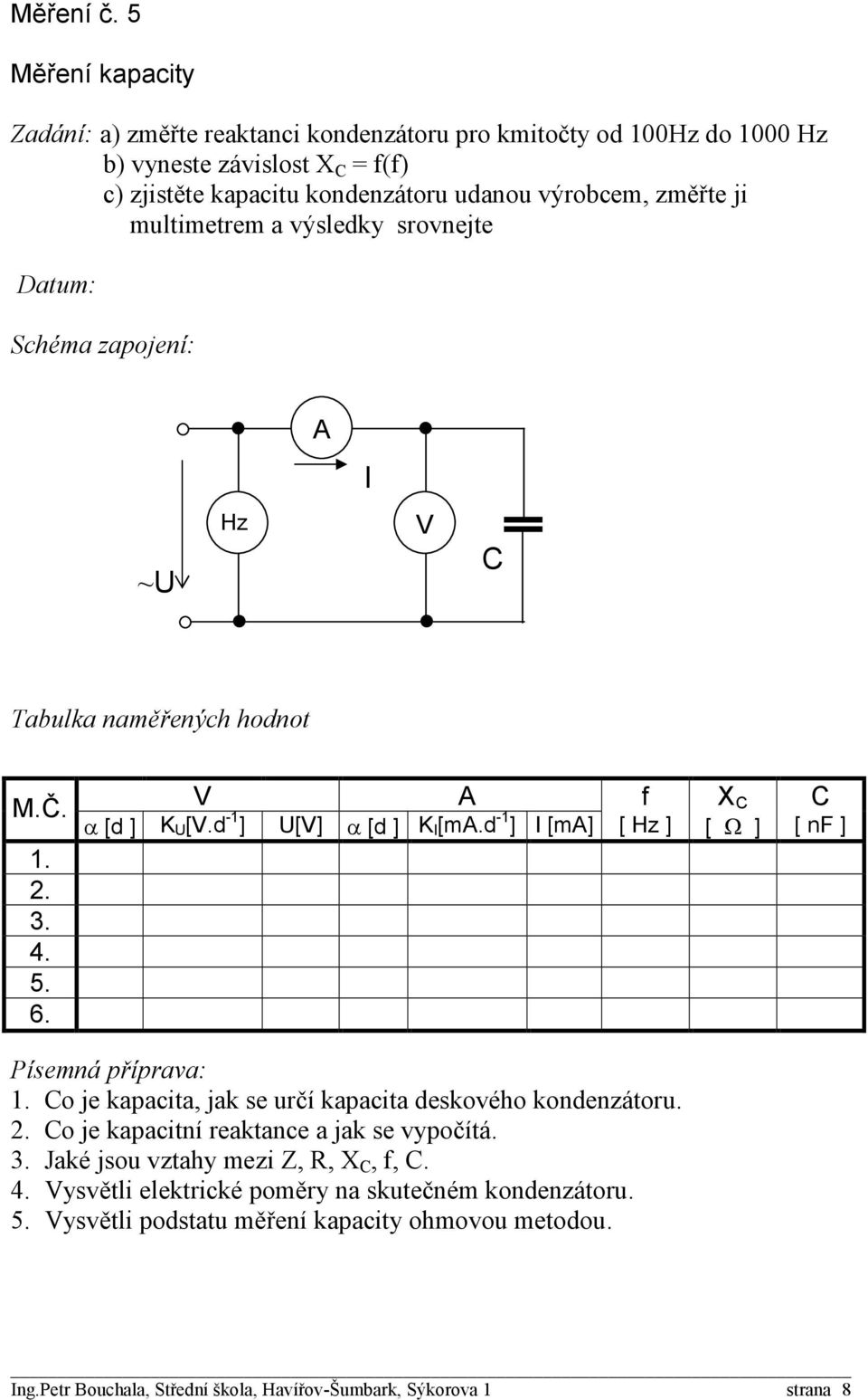 výrobcem, změřte ji multimetrem a výsledky srovnejte I ~U Hz C f X C C M.Č. α [d ] KU [.d -1 ] U[] α [d ] K I [m.