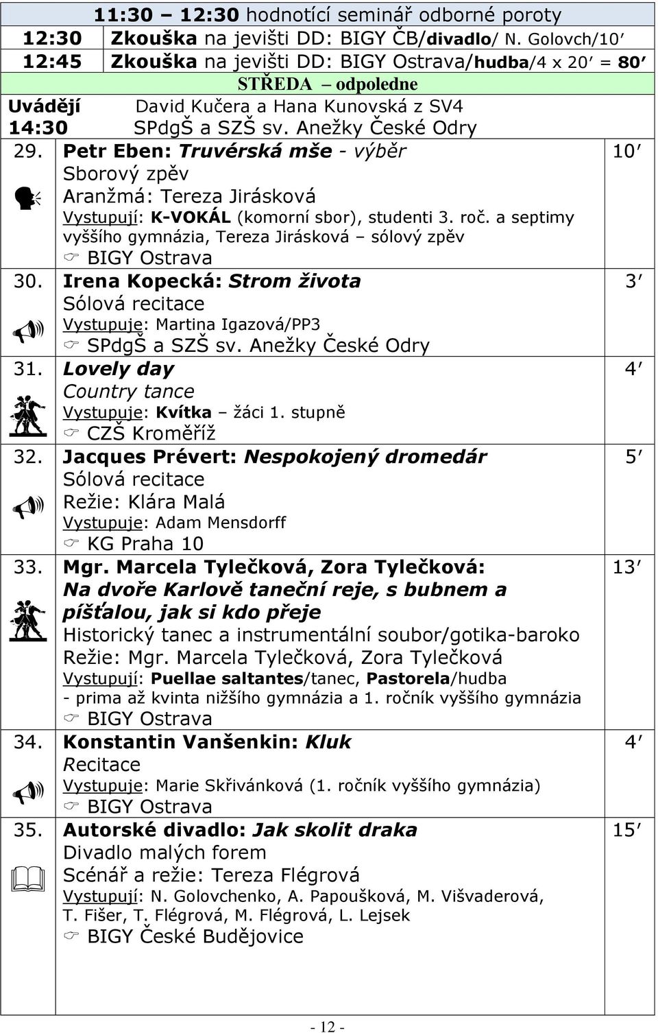 Petr Eben: Truvérská mše - výběr 10 Sborový zpěv Aranţmá: Tereza Jirásková Vystupují: K-VOKÁL (komorní sbor), studenti 3. roč. a septimy vyššího gymnázia, Tereza Jirásková sólový zpěv BIGY Ostrava 30.