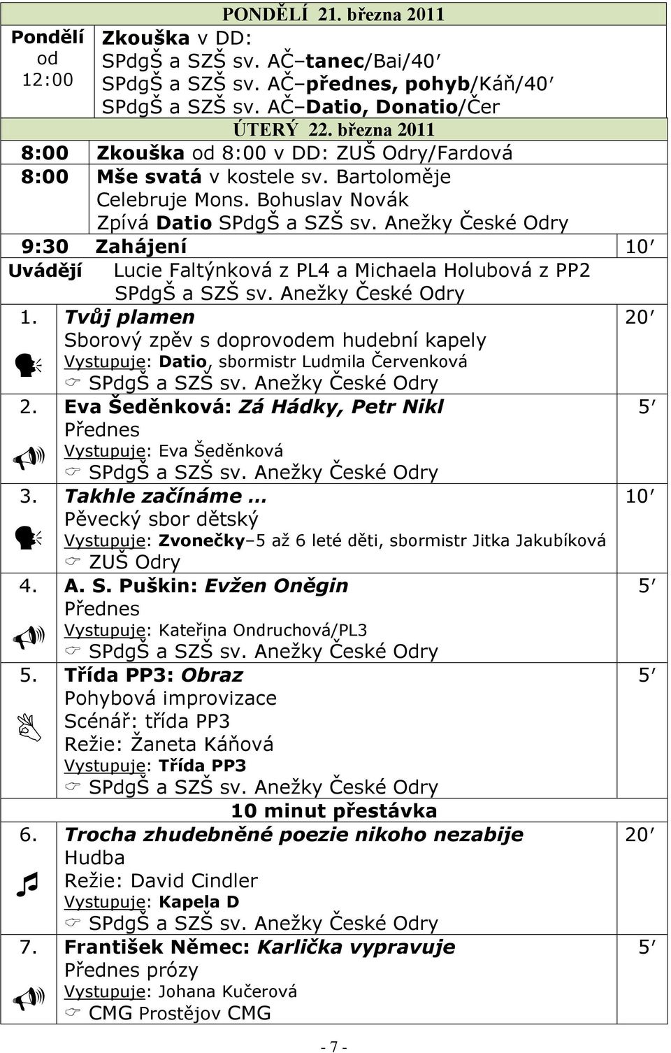 Aneţky České Odry 9:30 Zahájení 10 Uvádějí 1. 2. 3. 4. 5. 6. 7. Lucie Faltýnková z PL4 a Michaela Holubová z PP2 SPdgŠ a SZŠ sv.